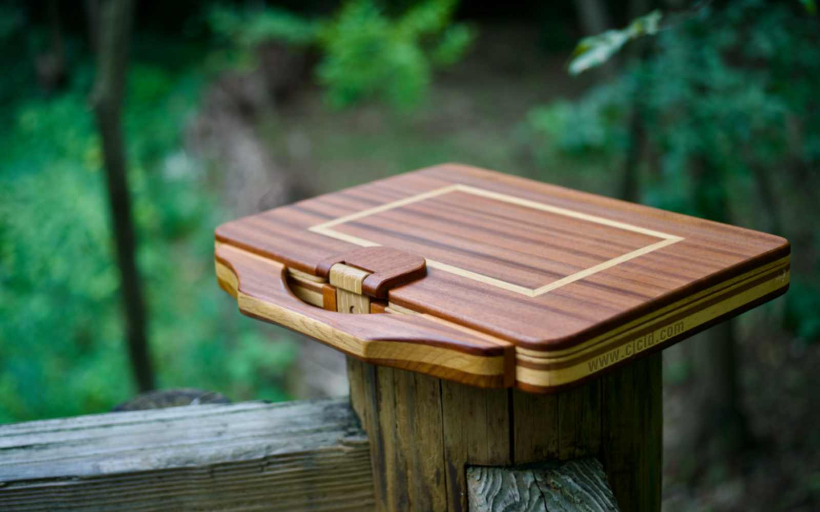 Top–front view of the handcrafted solid wood attaché case for the 15″ Apple MacBook Pro