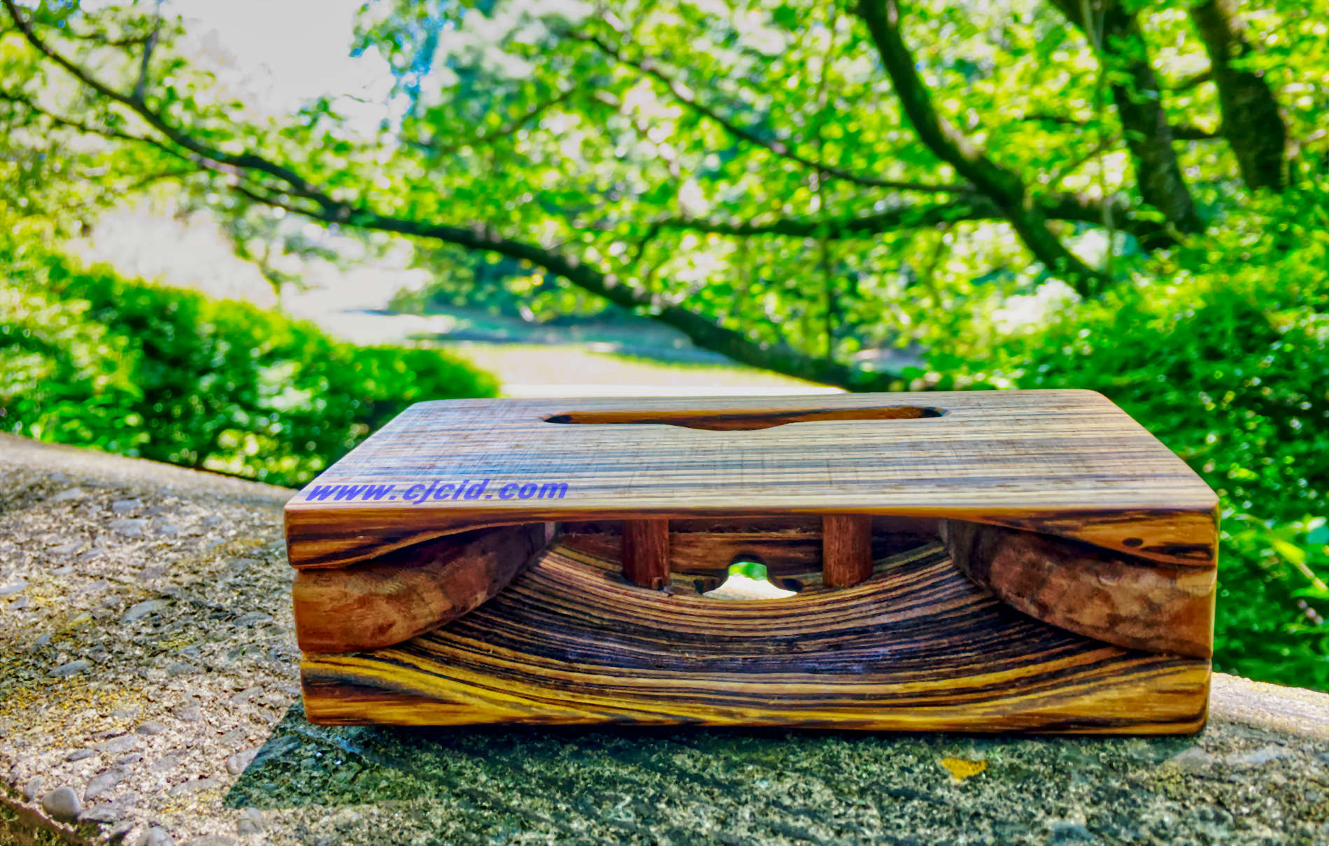 Alternative front view of the handmade wooden iPhone stand and passive amplifier speaker “CJ Monster Mouth”