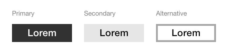 Three styling variations of a button Atom component: a primary button, a secondary button, and a alternative button