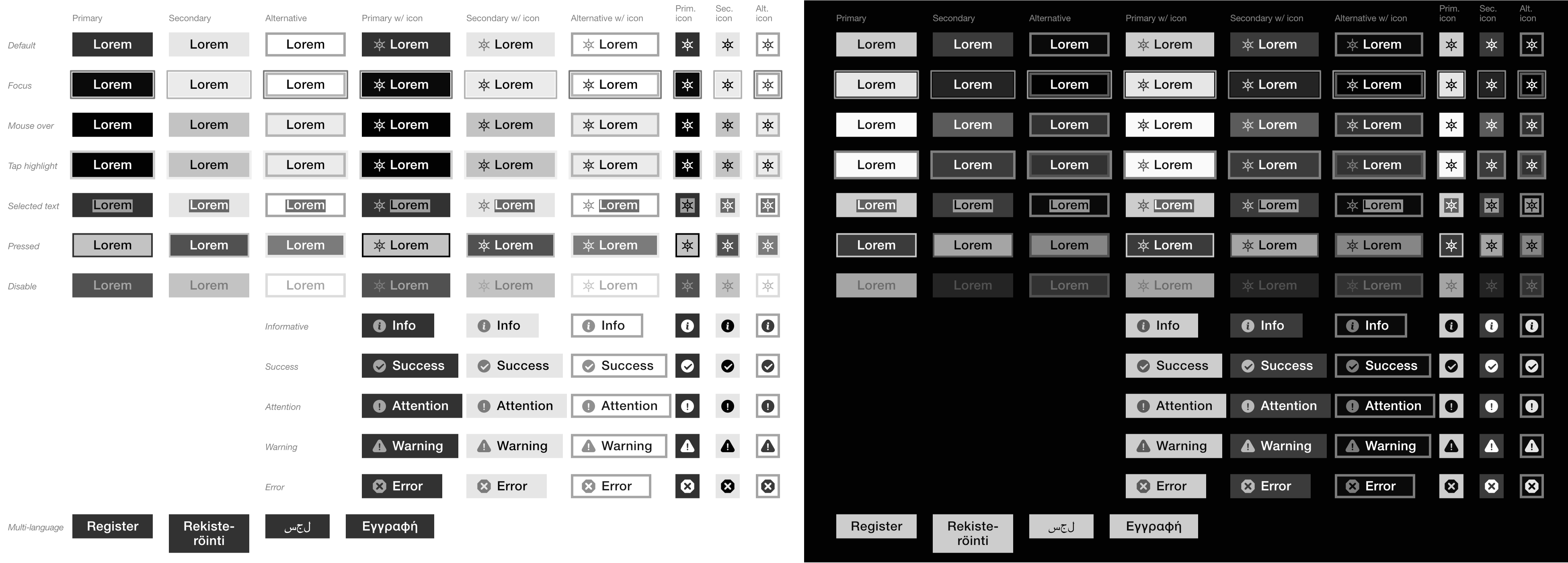 All variation of buttons for both Light UI and Dark UI